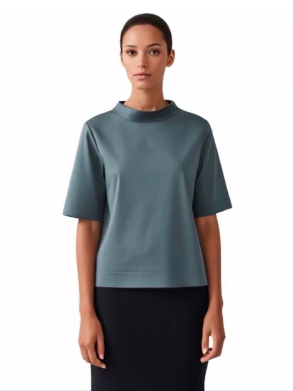 COS Boxy Mock Neck Top Greenish Gray Short Sleeve Minimalist Modern